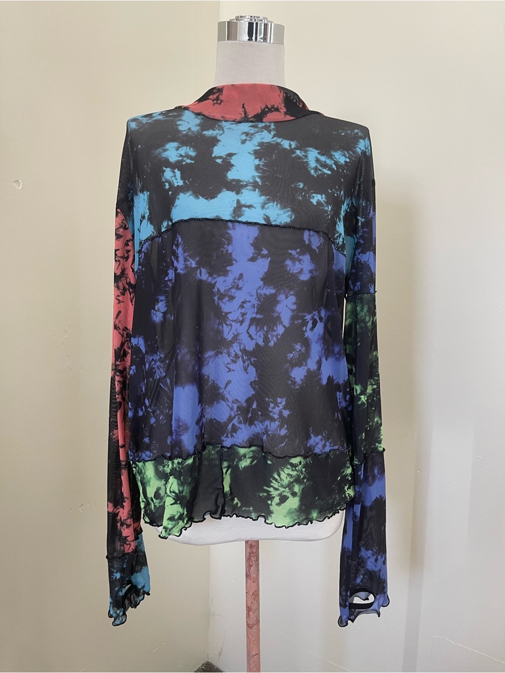Current Mood Sheer Tie-Dye Panel Long Sleeve Top in Black, Blue, Green, Red
